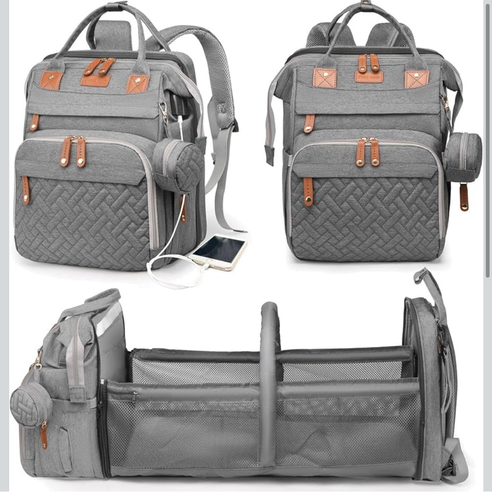 diaper backpack bag - good mum gray quilted,  brand new in box